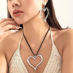 3pc Set Bold Heart Leather Necklace & Earrings Dangle Statement Black Silver